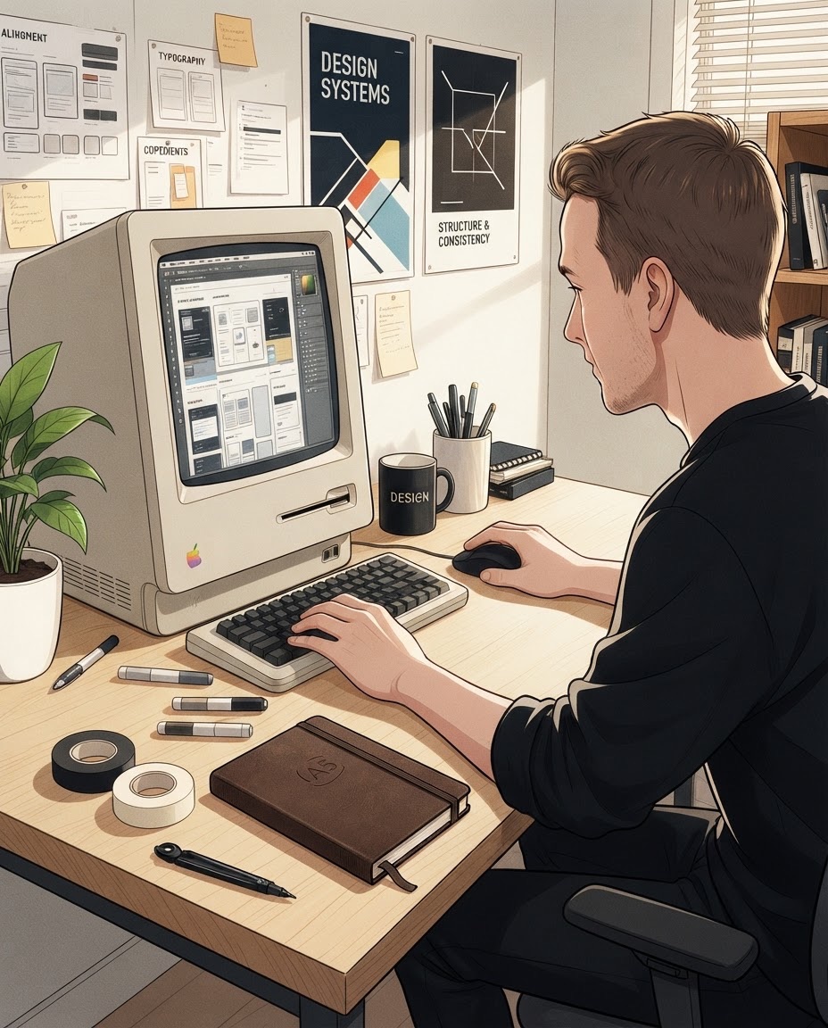 An illustration of Ian Bone at a desk, designing on a vintage computer beneath design-system posters