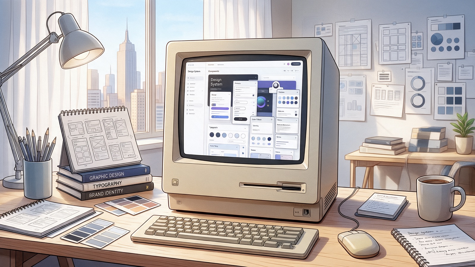 An illustrated desk with a vintage computer showing a design-system component library