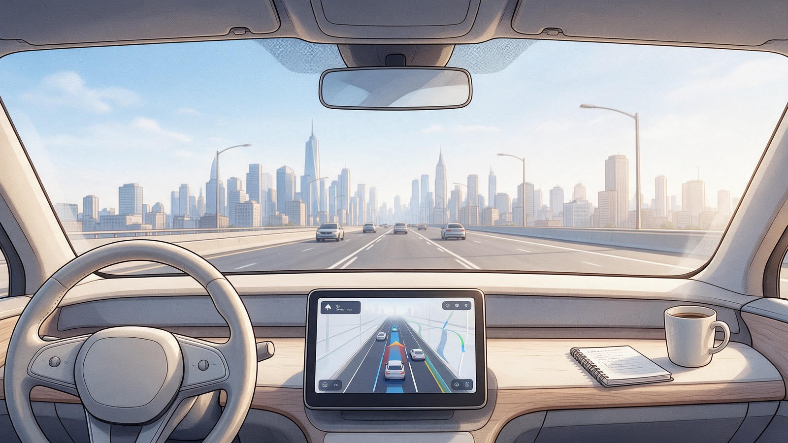 An illustrated car interior on a city highway, the dashboard screen showing a driver-assist view