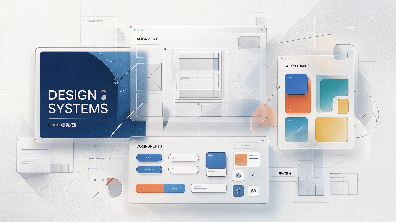An illustrated collage of design-system parts: alignment grids, colour tokens and a component library
