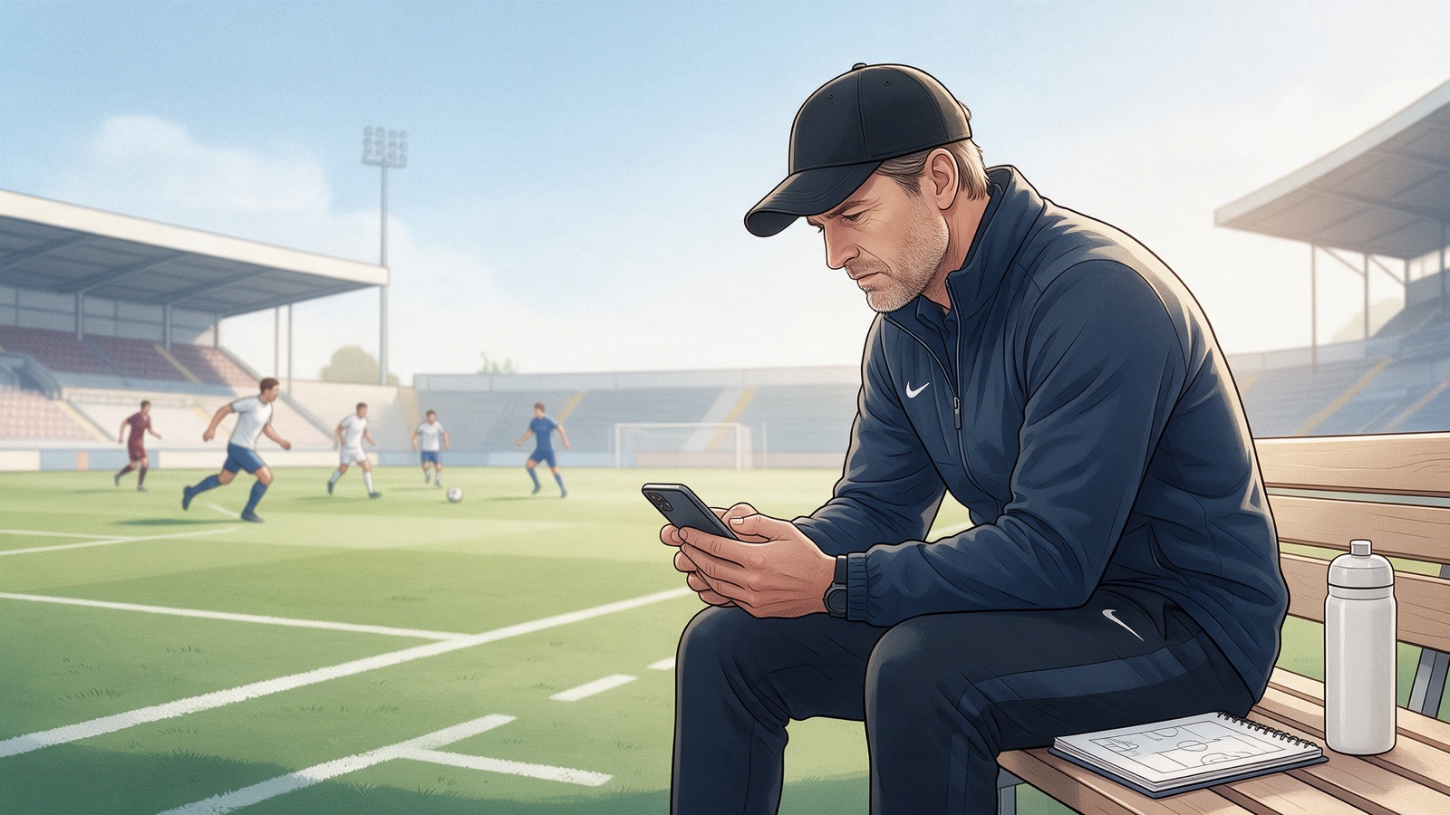 An illustrated coach on the sideline checking a phone during a match