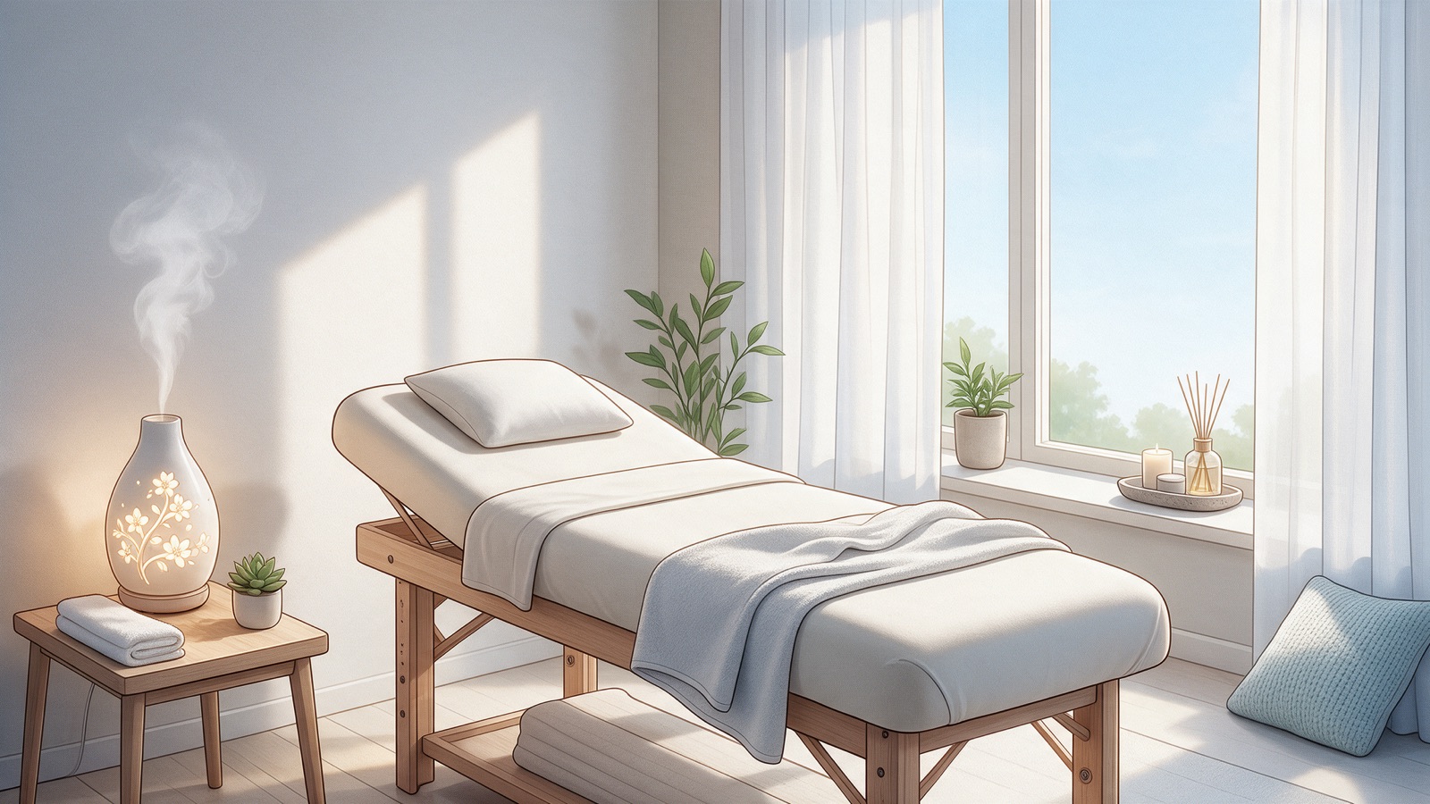 An illustrated spa treatment room with a massage table by a sunlit window