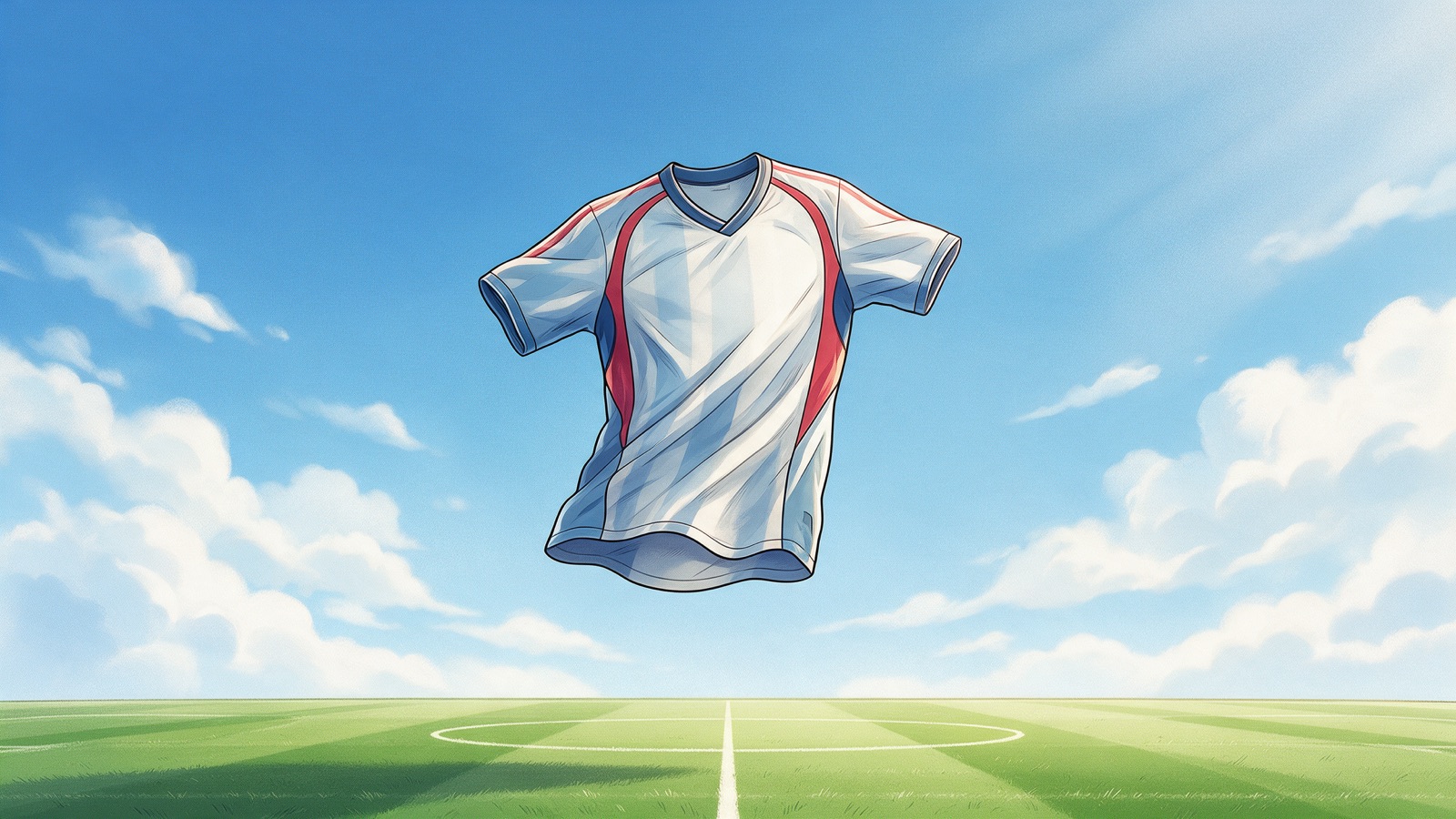 An illustrated custom football jersey floating above a pitch
